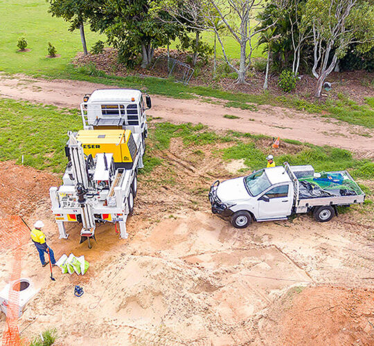 Aerial view of the Trans Earth rig and support vehicle